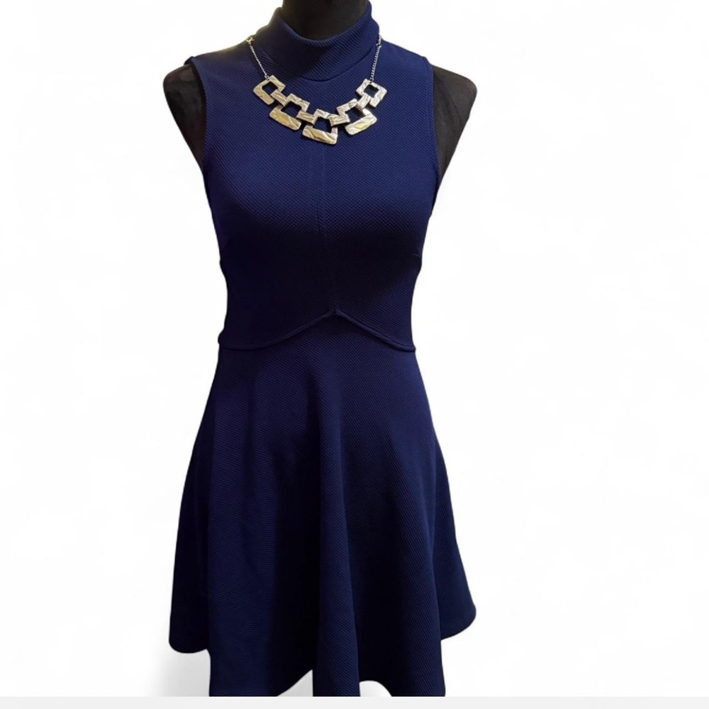 Bailey Blue Gold Sheath Midi Dress Mock Neck Sleeveless